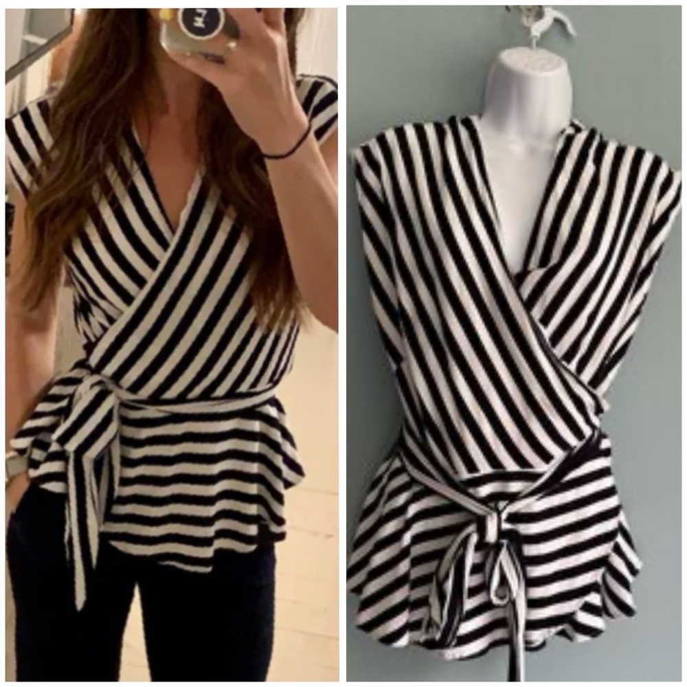 LOFT Black and White Stripe Wrap Peplum Blouse XS